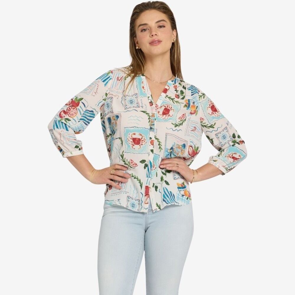 NYDJ 3/4 Sleeve Pintuck Multicolor  Print Blouse Sz XS NWT